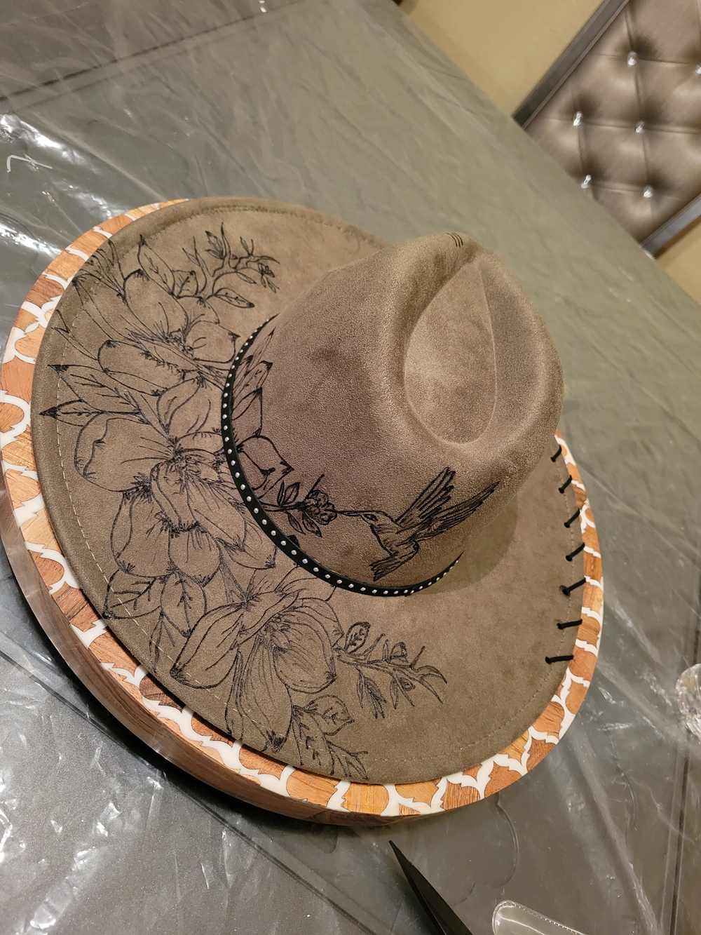 Hand Burned Vegan Suede Wide-Brim Fedora - Olive Green